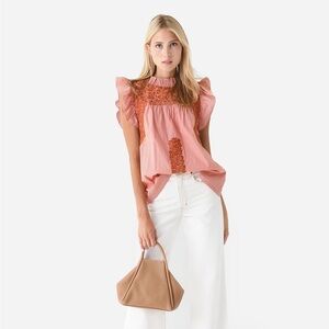 J. MARIE THE SCOTLAND Embroidered RUFFLE NECK TOP Burnt Orange Gingham Sz Small